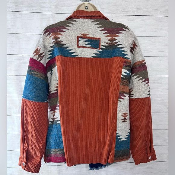 Boutique Brand Brown Button Down Aztec Patchwork Corduroy Jackets Front Pockets - Picture 4 of 9
